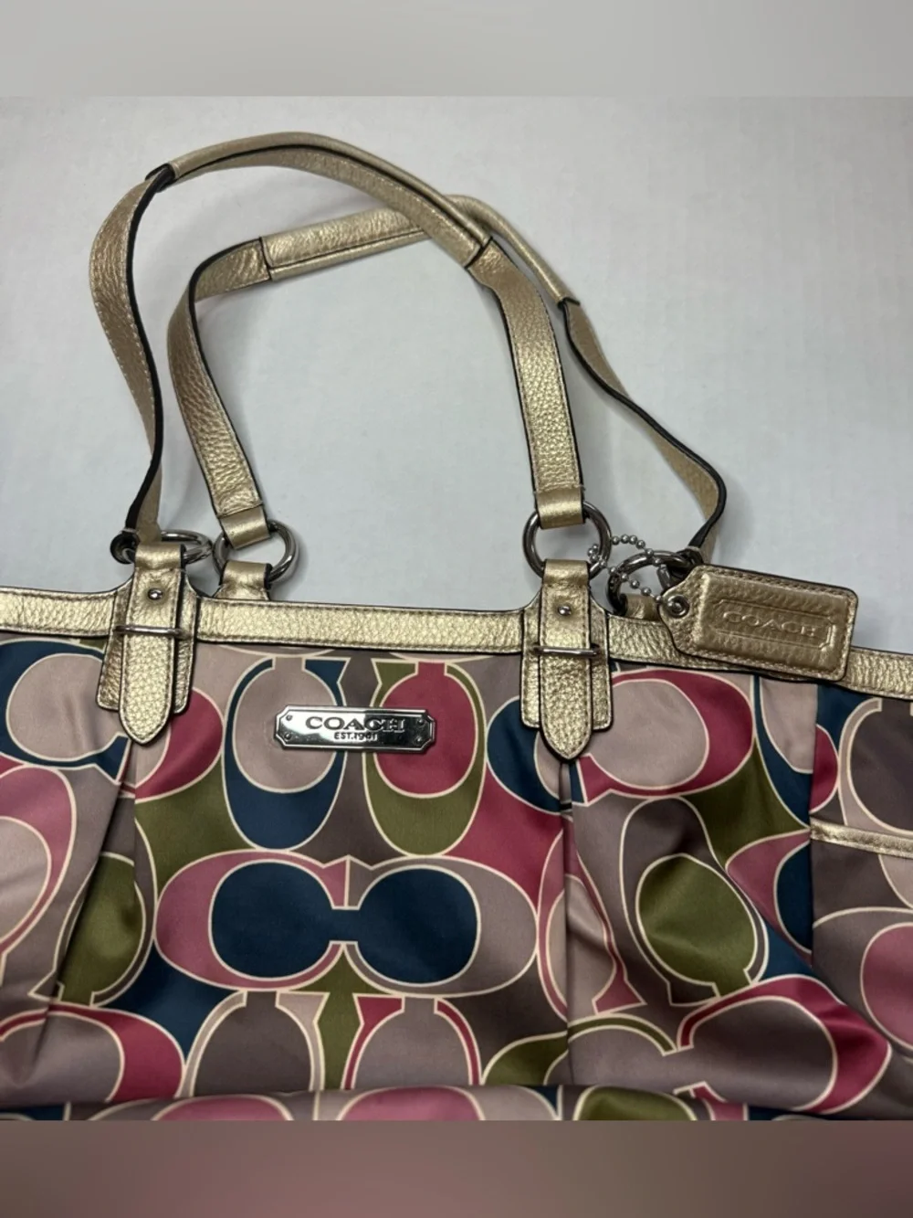 Coach Signature Scarf Sateen Gold Trim Satin Handbag Tote